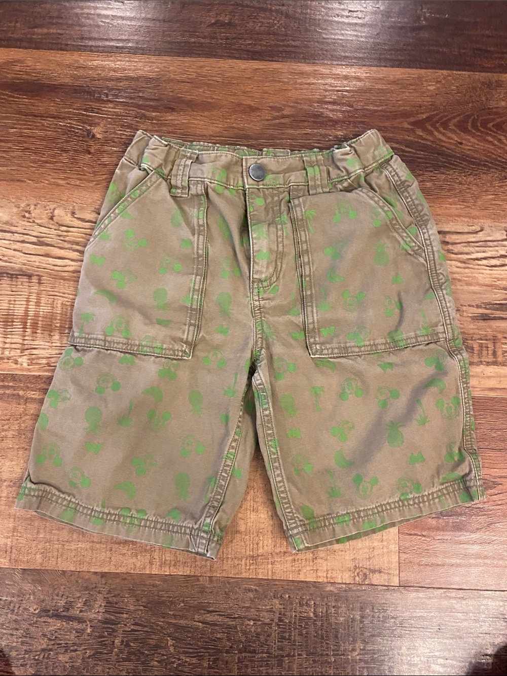 Disney Tan Cargo Shorts with Green Mickey Print